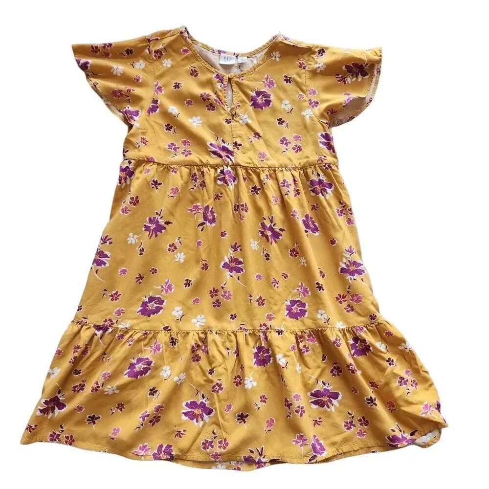 Gap large girls 10-12 mustard boho yellow floral summer dress flutter short slee